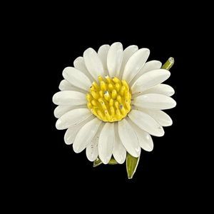 Vintage Enamel White Yellow Daisy Flower Brooch Pin Whimsical Green Leaves